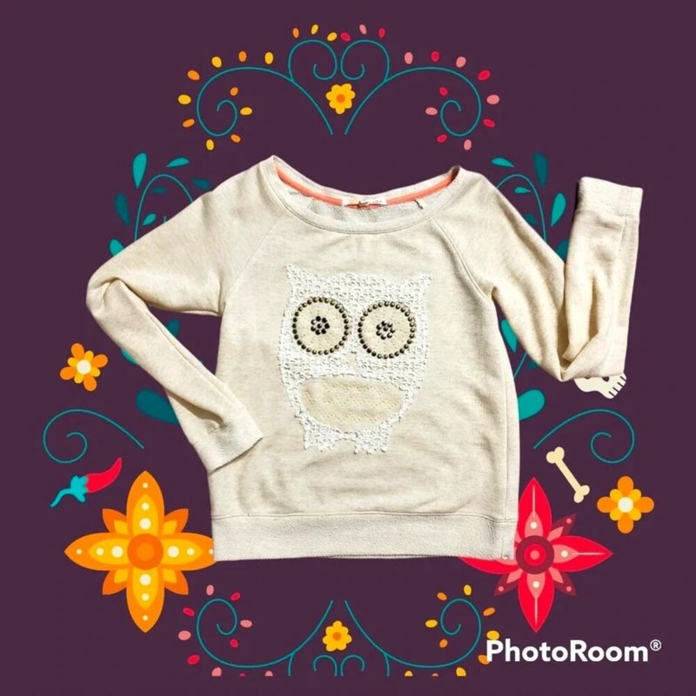 Rewind Brand Sweater With Lace And Embellished Owl Size Small Beige Color